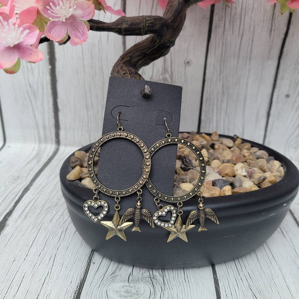 Antique Bronze Boho Earrings, Pendant Hoop Earrings